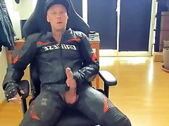 Jerk-off and cumshot in dirty biker leather while smoking