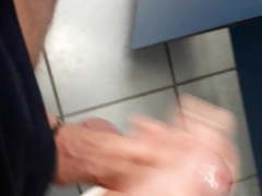 Cum in public toilet, restroom flash, cockring, balls stroke